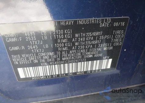 2017 Subaru Outback 2.5I Premium z USA, uszkodzony, nr VIN 4S4BSAFC3H3247173